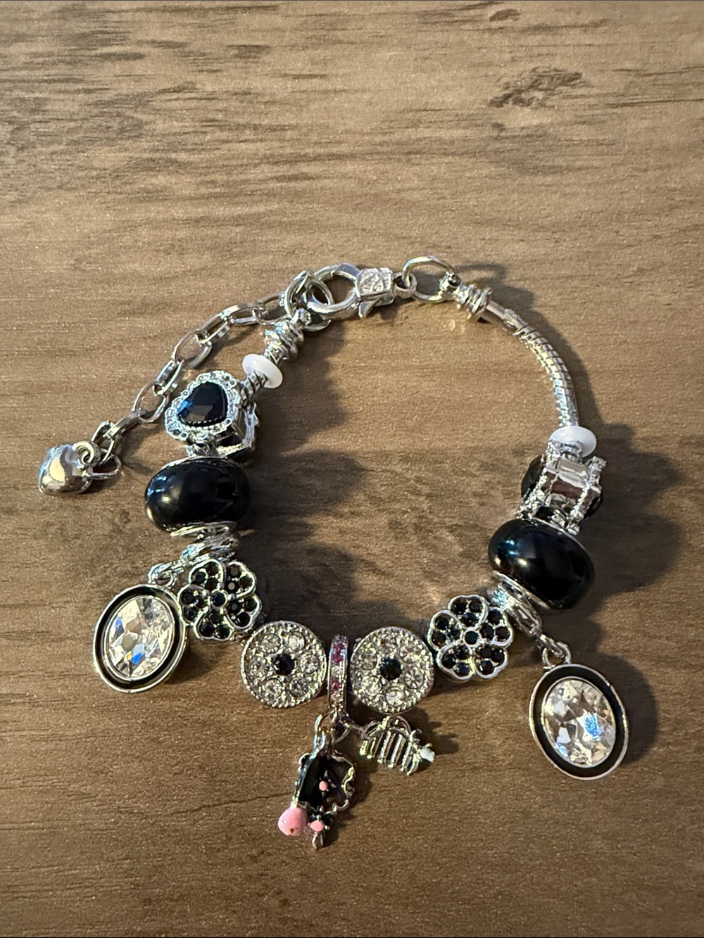 Silver-Tone Black Bead & Crystal Charm Bracelet Stainless Steel